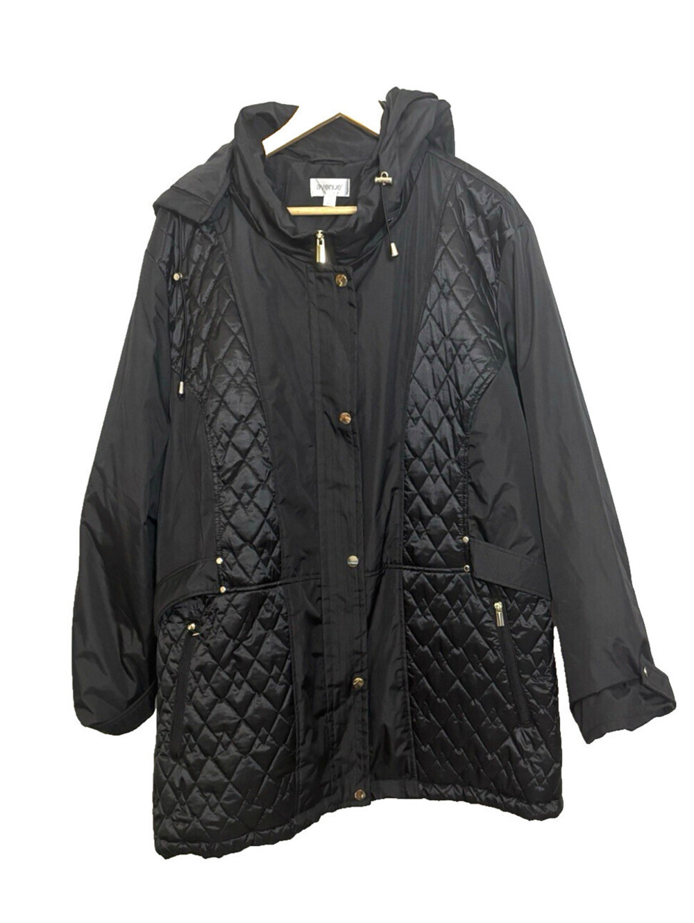 Avenue Womens Multi Panel Hooded Coat Black Plus Size 30/32 Gold Tone hardware